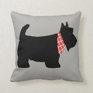 Scottie Dog Red Scarf on Gray Throw Pillow