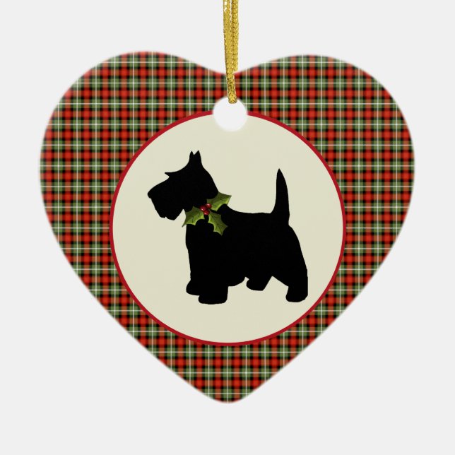 Scottie Dog Scotch Plaid Christmas Ceramic Ornament (Front)