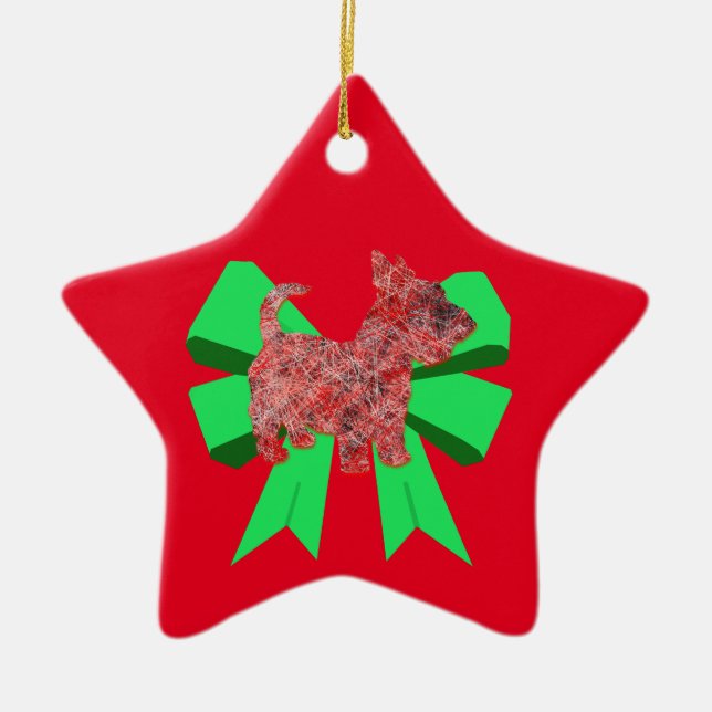 Scottie Dog Silhouette Green Bow Christmas Ceramic Ornament (Front)