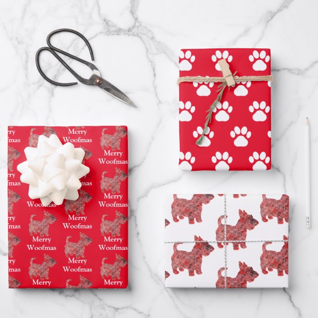 Scottie Dog Silhouette Red Merry Woofmas Wrapping Paper Sheets (Front)