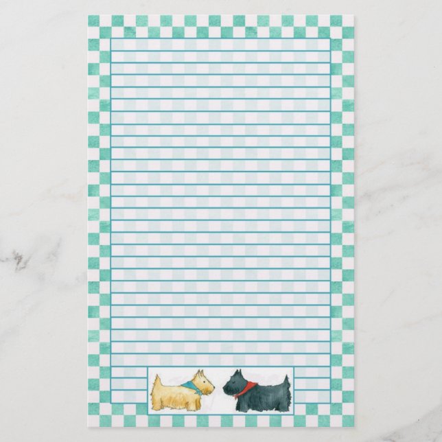 Scottie Dog Teal Green Watercolor Checks Lined Stationery (Front)