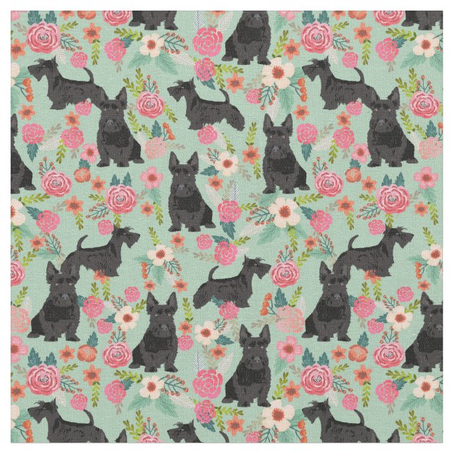 scottie dog vintage florals mint fabric (Close Up)