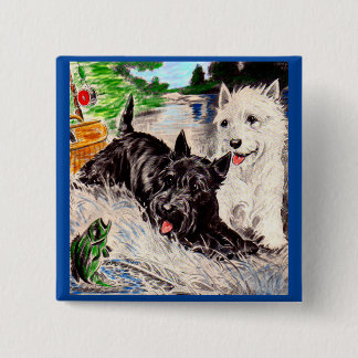 Scottie dogs Blackie and Whitie fishing Button