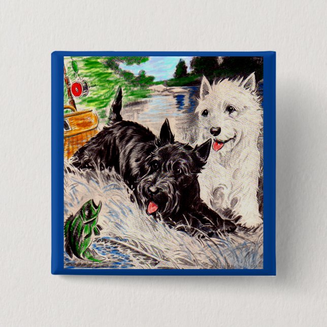 Scottie dogs Blackie and Whitie fishing Button (Front)