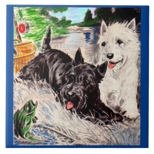Scottie dogs Blackie and Whitie fishing Ceramic Tile