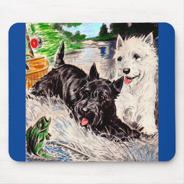 Scottie dogs Blackie and Whitie fishing Mouse Pad (Front)