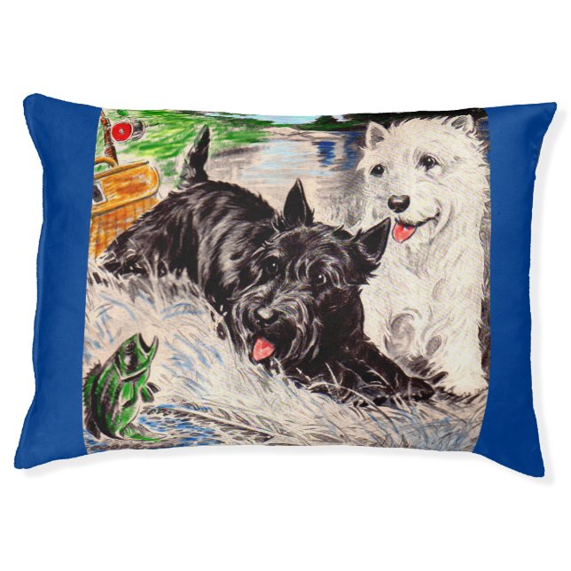 Scottie dogs Blackie and Whitie fishing Pet Bed (Front)