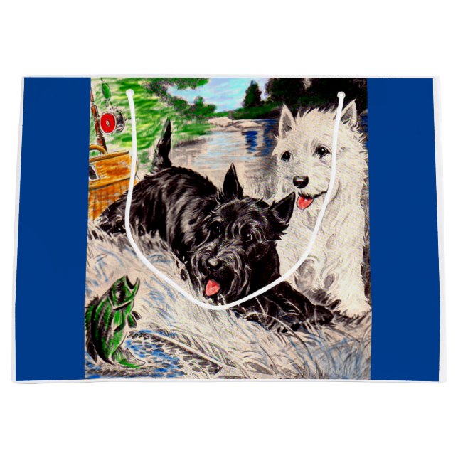 Scottie dogs Blackie and Whitie fishing print Large Gift Bag (Front)