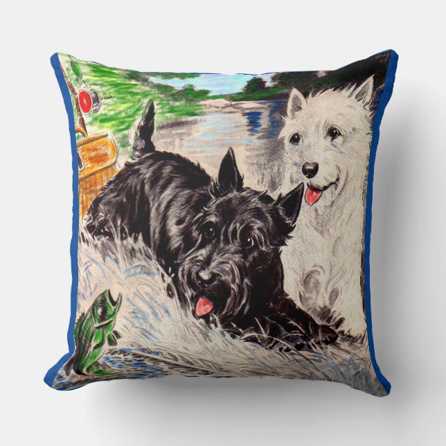 Scottie dogs Blackie and Whitie fishing Throw Pillow (Front)