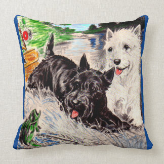 Scottie dogs Blackie and Whitie fishing Throw Pillow