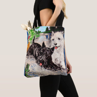 Scottie dogs Blackie and Whitie fishing Tote Bag