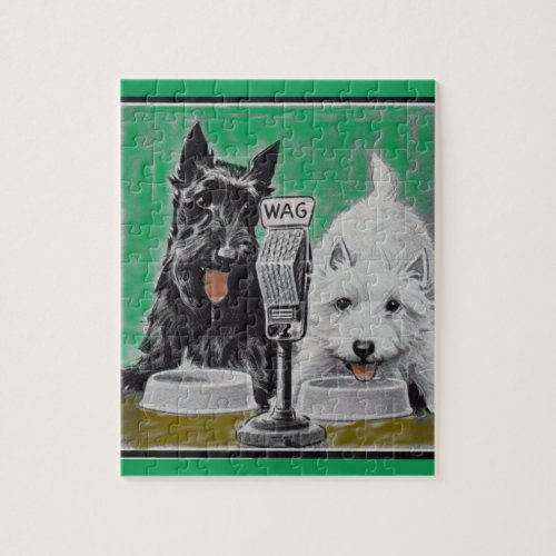 Scottie dogs Blackie and Whitie on the radio Jigsaw Puzzle