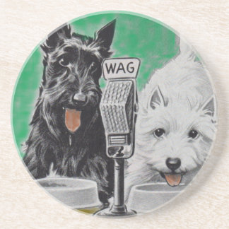 Scottie dogs Blackie and Whitie on the radio Sandstone Coaster
