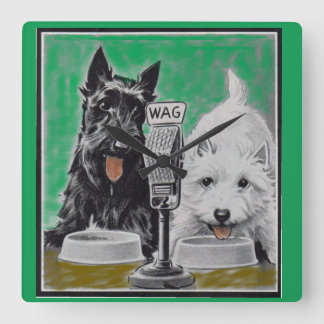 Scottie dogs Blackie and Whitie on the radio Square Wall Clock