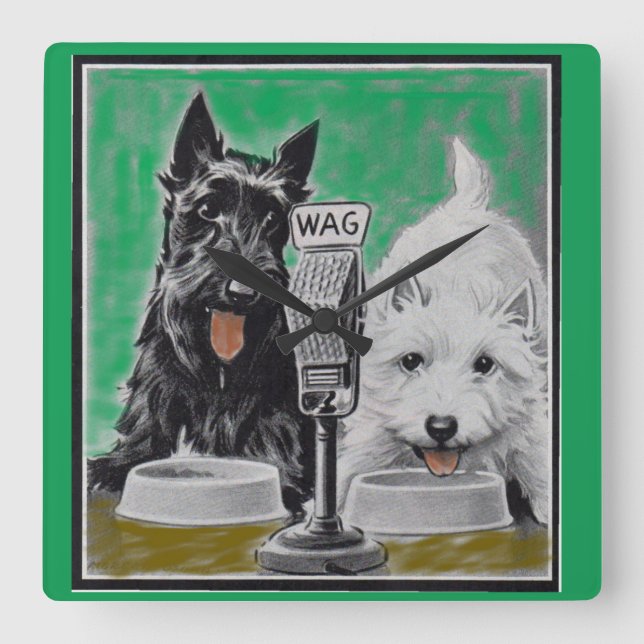 Scottie dogs Blackie and Whitie on the radio Square Wall Clock (Front)