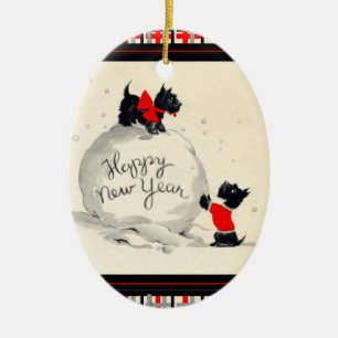 Scottie dogs Happy New Year Ceramic Ornament