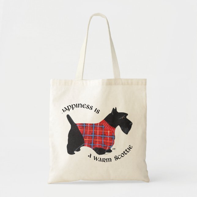 Scottie in Red & Blue Plaid Sweater Tote Bag (Front)