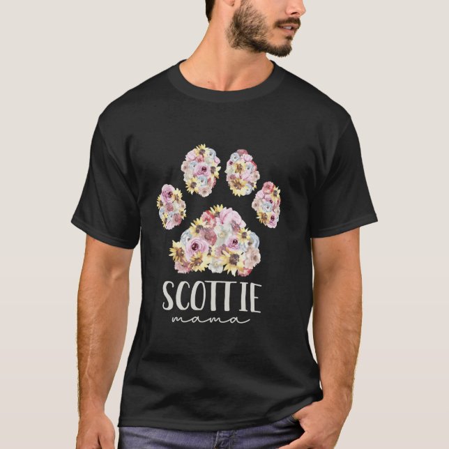 Scottie Mama Floral Dog Paw Scottish Terrier Mom  T-Shirt (Front)