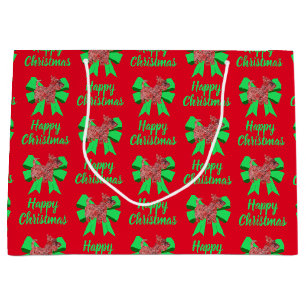 Scottie Silhouette Red Christmas Dog & Green Bow Large Gift Bag