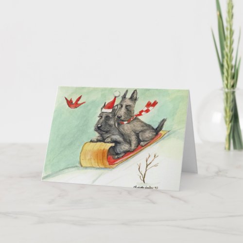 Scottie Sleigh Ride Dog Art Christmas Cards