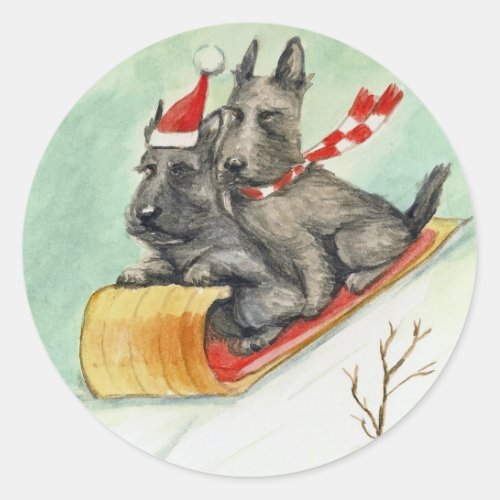 Scottie Sleigh Ride Dog Art Stickers