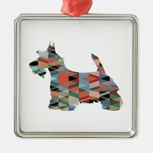 Scottie Terrier Geometric Pattern Silhouette Plaid Metal Ornament