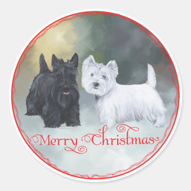 Scottie Westie  Christmas Classic Round Sticker (Front)