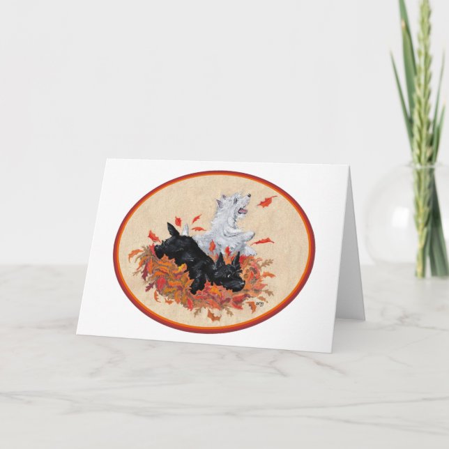 Scottie & Westie Fallen Leaves Card (Front)