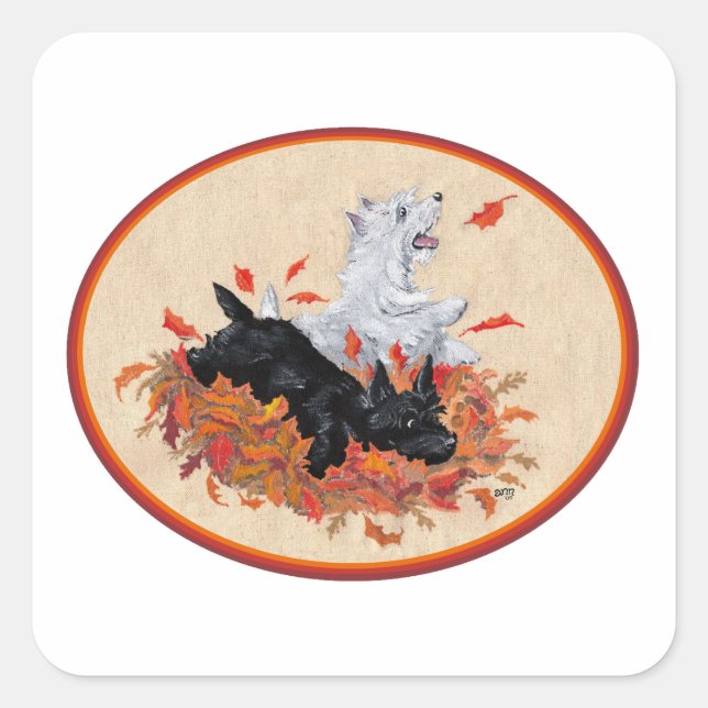 Scottie & Westie Fallen Leaves Square Sticker (Front)