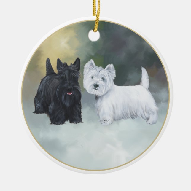 Scottie Westie Wintertime Ceramic Ornament (Front)