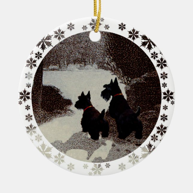 Scotties on Surreal Winter Night Ceramic Ornament (Front)
