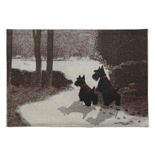 Scotties on Surreal Winter Night Cloth Placemat