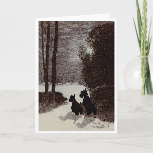 Scotties on Surreal Winter Night Holiday Card