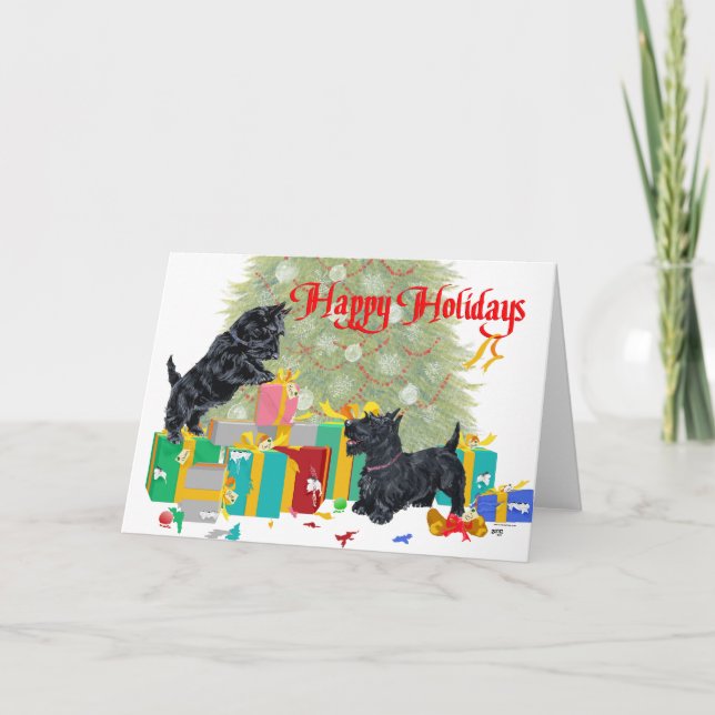 Scotties Sort the Christmas Gifts Holiday Card (Front)
