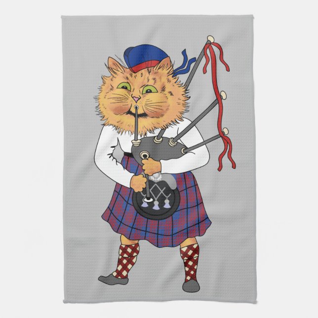 Scottish Bagpipe Cat Louis Wain Kitchen Towel (Vertical)