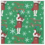 Scottish Bagpiper Merry Christmas with Snowflakes Fabric