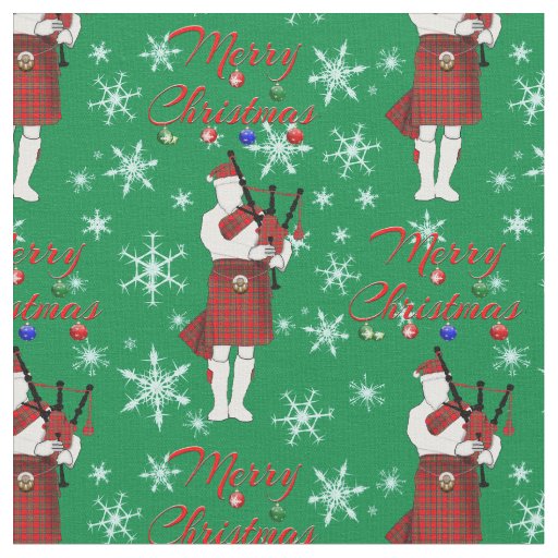 Scottish Bagpiper Merry Christmas with Snowflakes Fabric