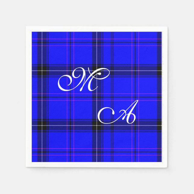 Scottish Blue Tartan Plaid Fabric With Monogram Paper Napkins (Front)