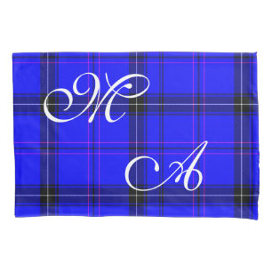 Scottish Blue Tartan Plaid Fabric With Monogram Pillow Case