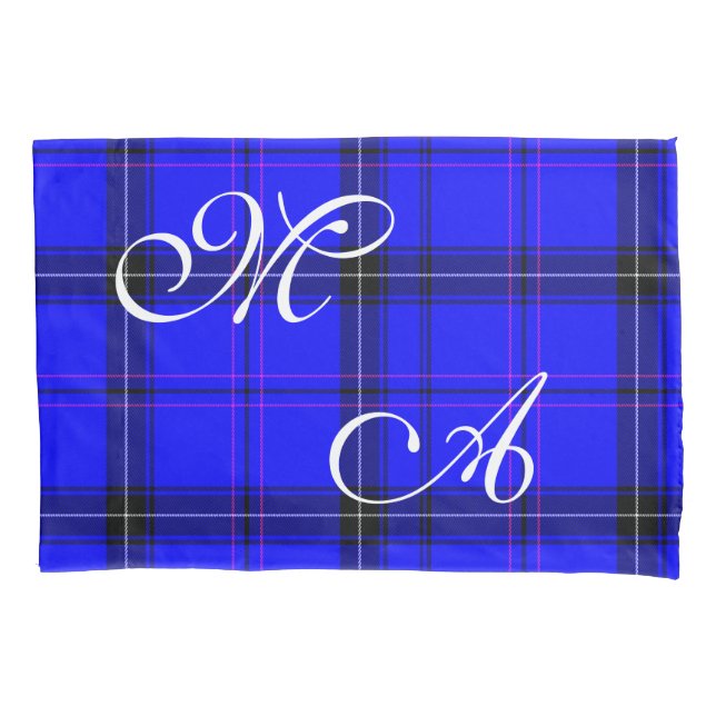 Scottish Blue Tartan Plaid Fabric With Monogram Pillow Case (Front)