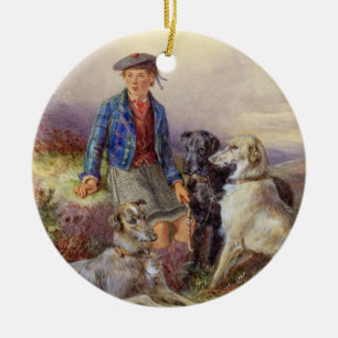 Scottish boy with wolfhounds in a Highland landsca Ceramic Ornament