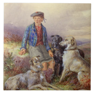 Scottish boy with wolfhounds in a Highland landsca Ceramic Tile