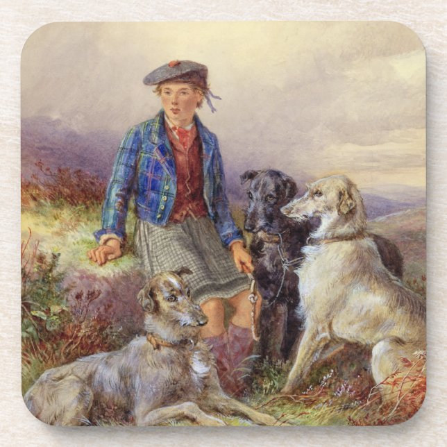 Scottish boy with wolfhounds in a Highland landsca Drink Coaster (Front)