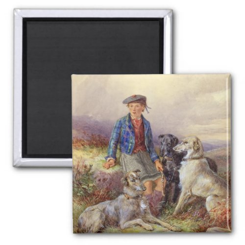 Scottish boy with wolfhounds in a Highland landsca Magnet