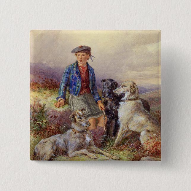 Scottish boy with wolfhounds in a Highland landsca Pinback Button (Front)