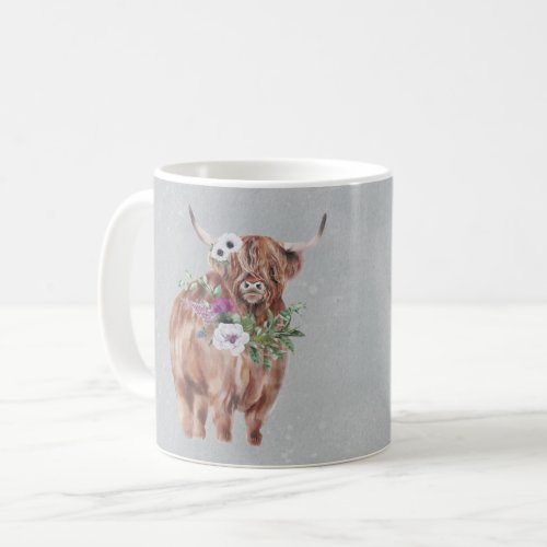 Scottish Brown Cow Flowers Personalized  Coffee Mug