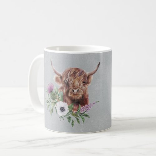 Scottish Brown Highland Cow Floral Personalized Coffee Mug