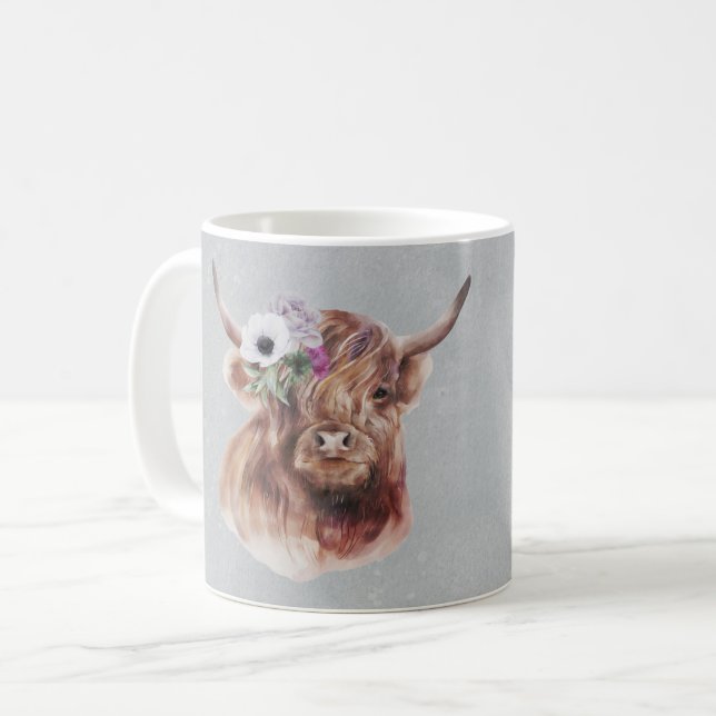 Scottish Brown Highland Cow Flowers Personalized Coffee Mug (Front Left)