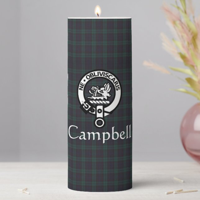 Scottish Campbell Crest Badge & Tartan  Pillar Candle (In Situ)