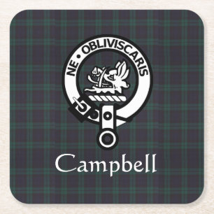Scottish Campbell Crest Badge & Tartan Square Paper Coaster
